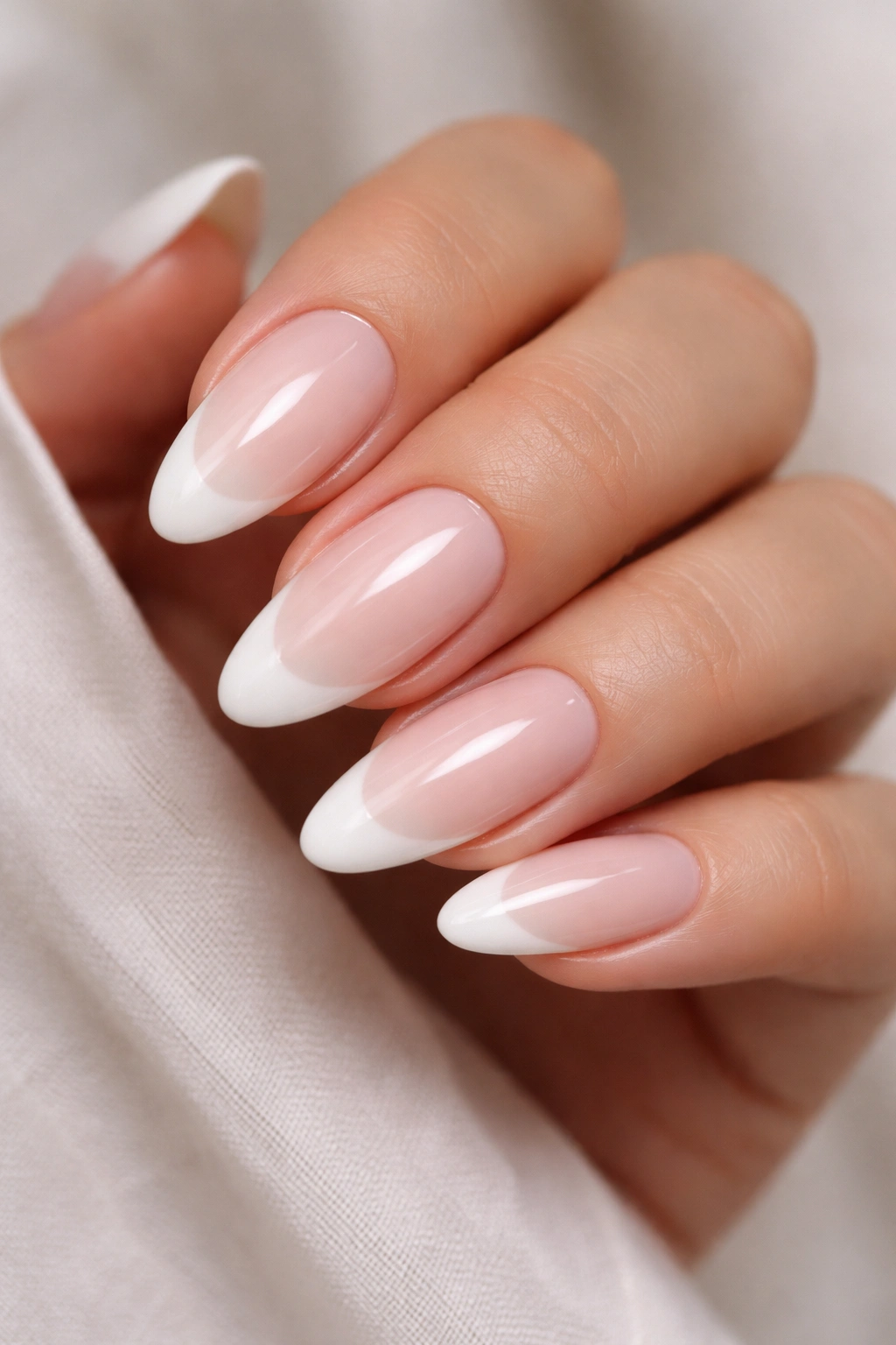 Almond nails with a milky nude base and white tip on soft almond length.