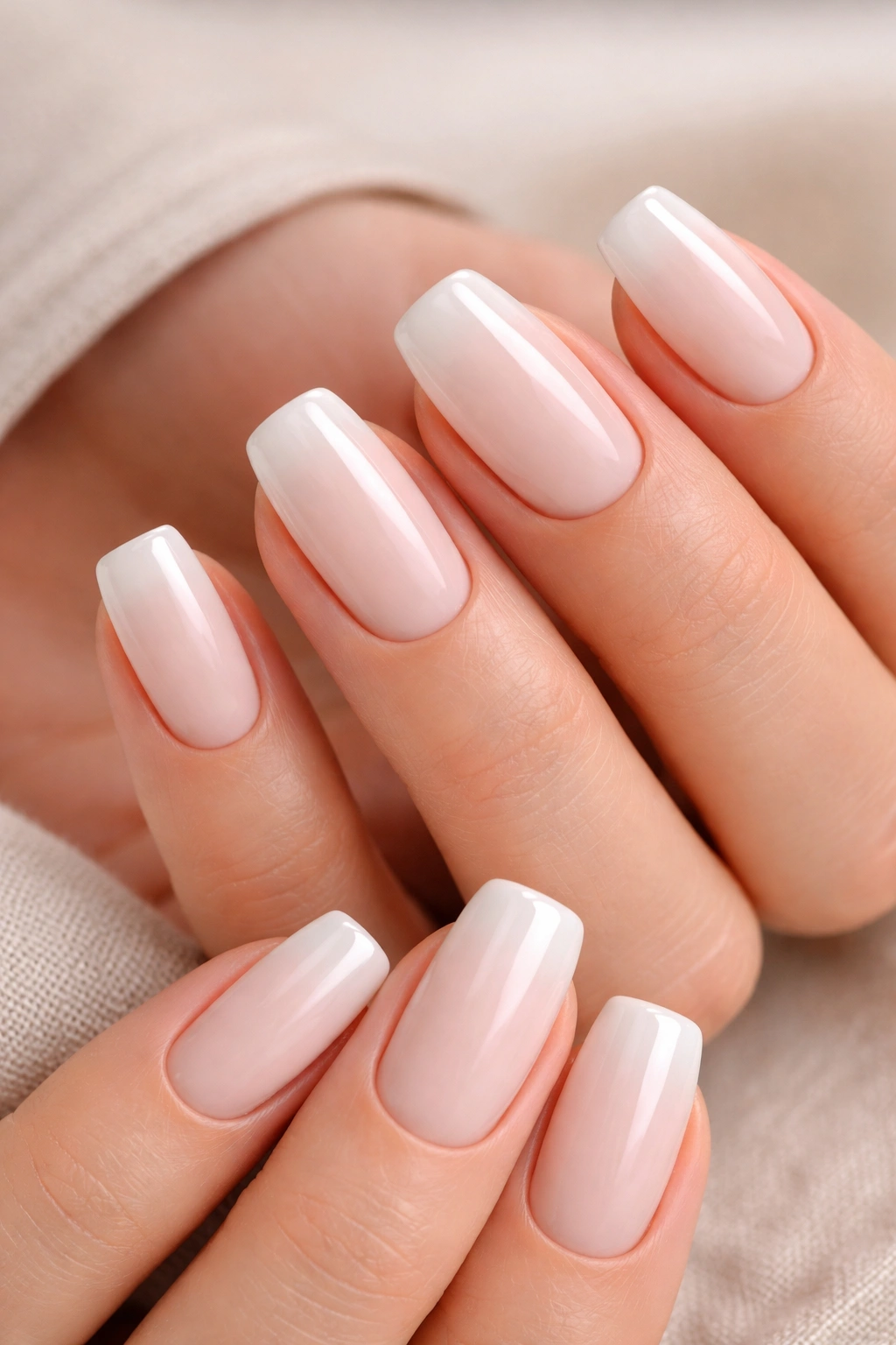 Close-up of milky-white base French nails on soft square shape with blended transition