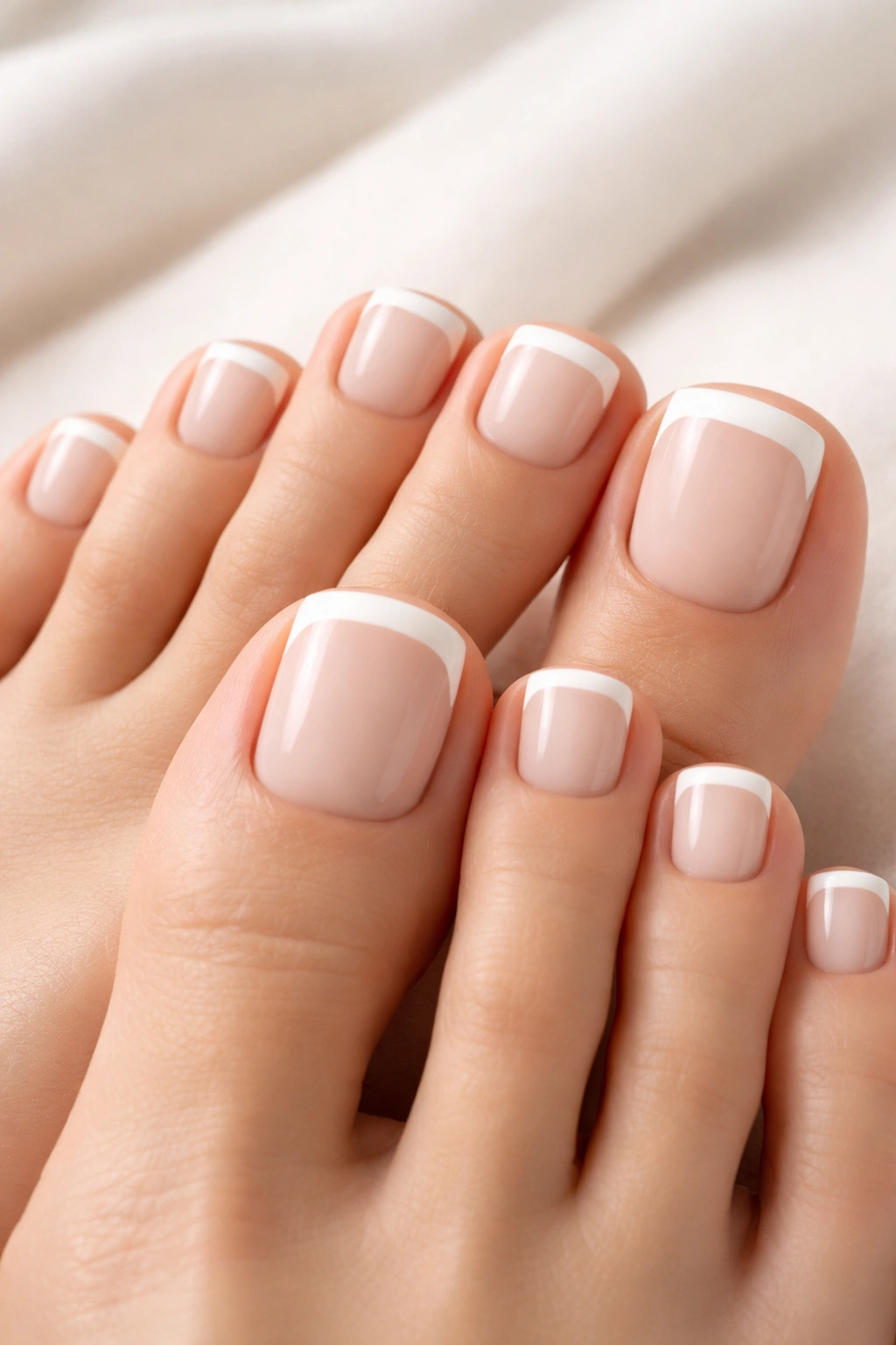 Toes with milky white base and white tips for French pedicure