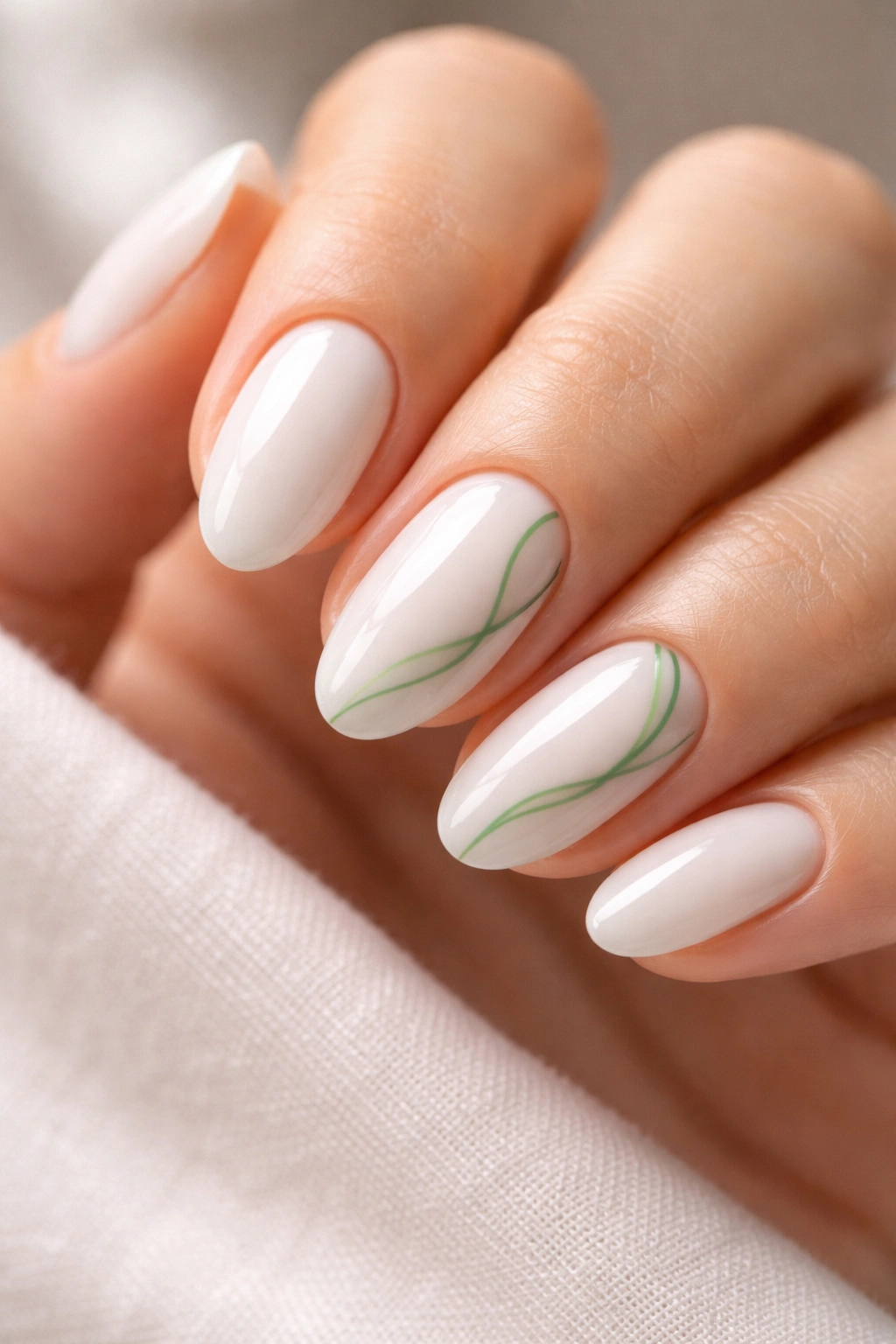 Close-up of milky white nails with subtle green swirl accents on accent nails.