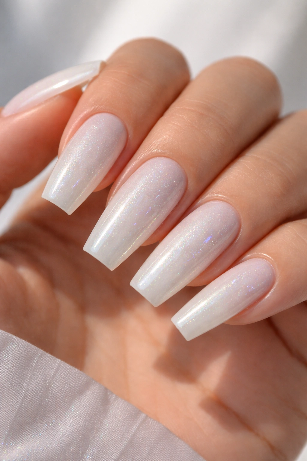 Milky white nails with subtle holographic shimmer