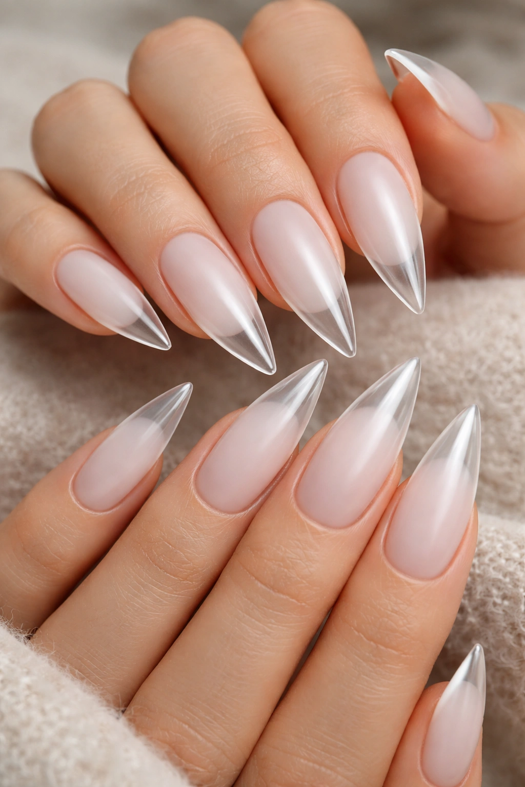 Milky white matte nails with glossy tips on a neutral background