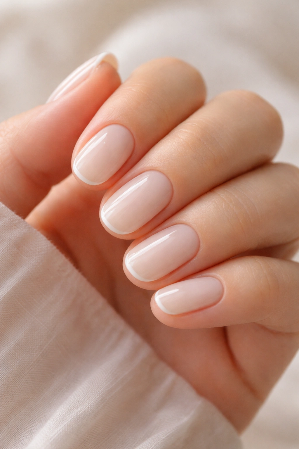 Close-up of short oval nails with micro French tips on milky base