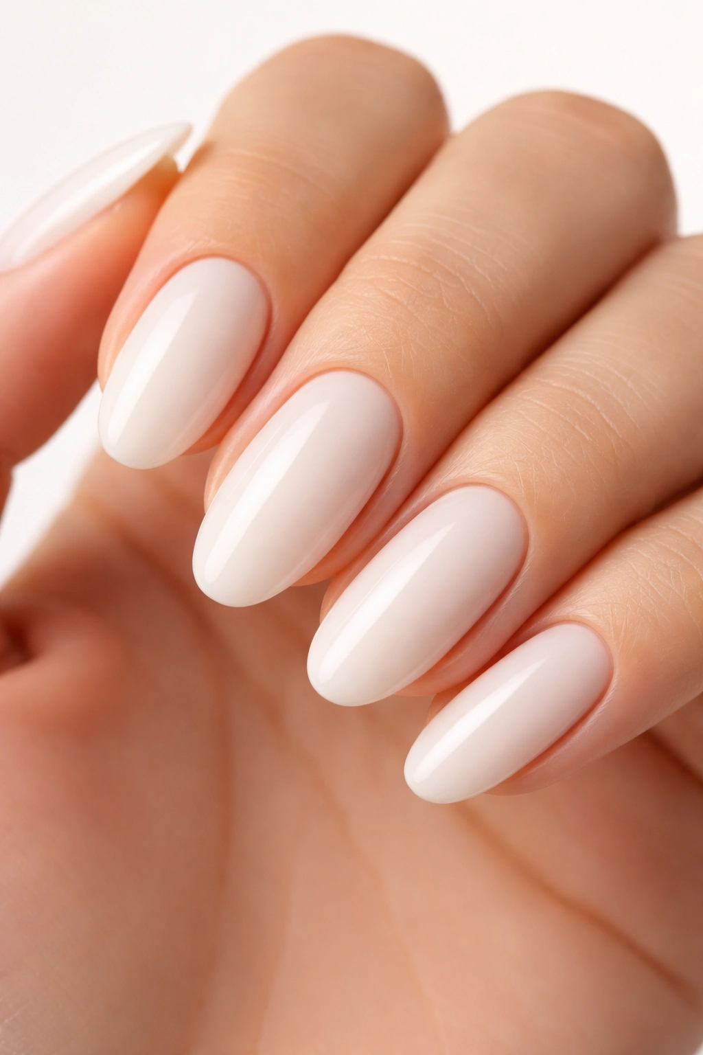 Close-up of oval nails painted milky white with warm, creamy undertone