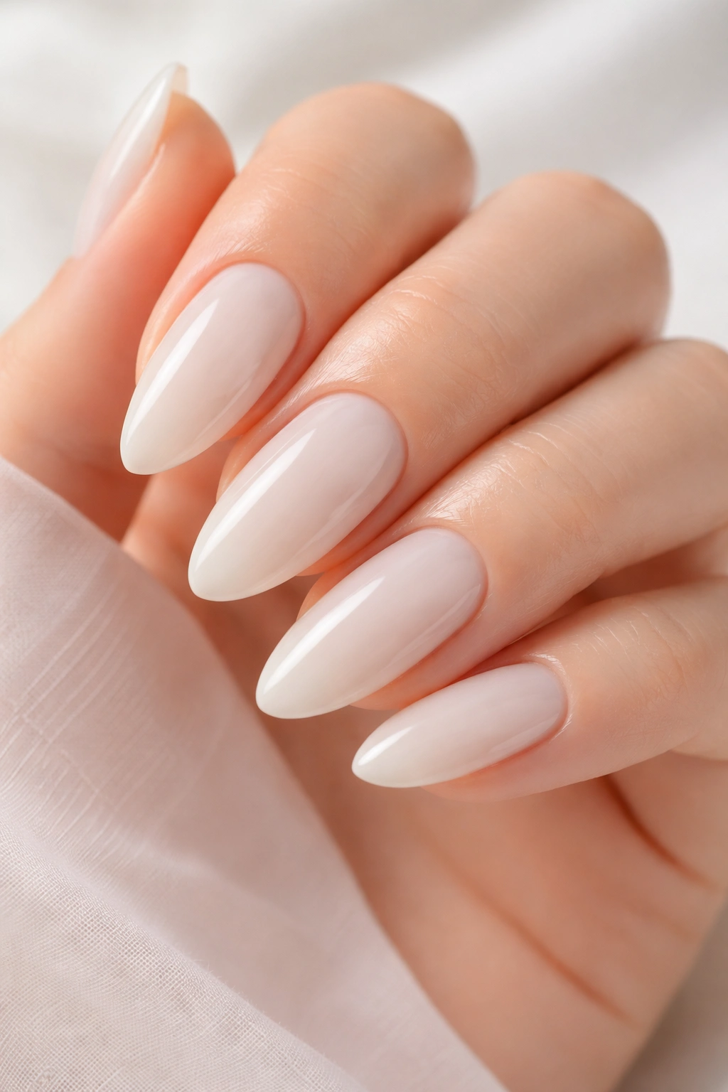 Almond nails in milky white semi-sheer polish with glossy finish