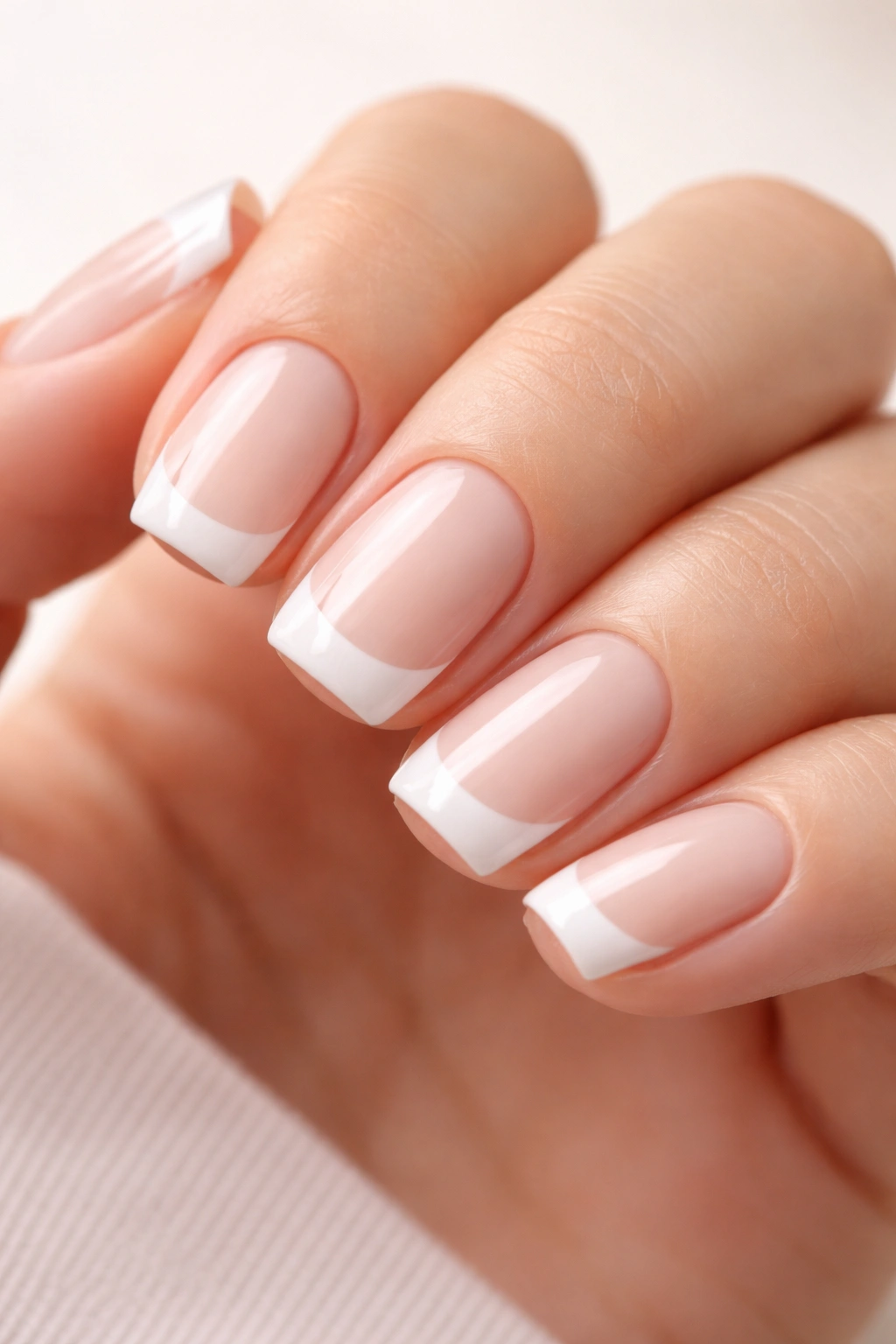 Close-up of milky base nails with sharp white tip on short squoval nails
