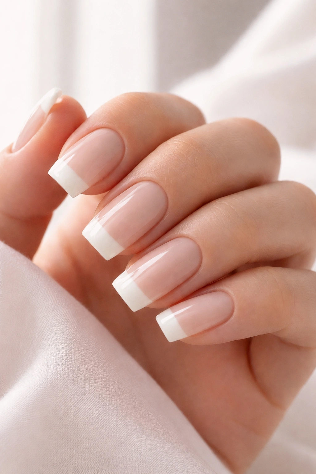 Close-up of milky white French tips on soft square nails with a creamy nude base.