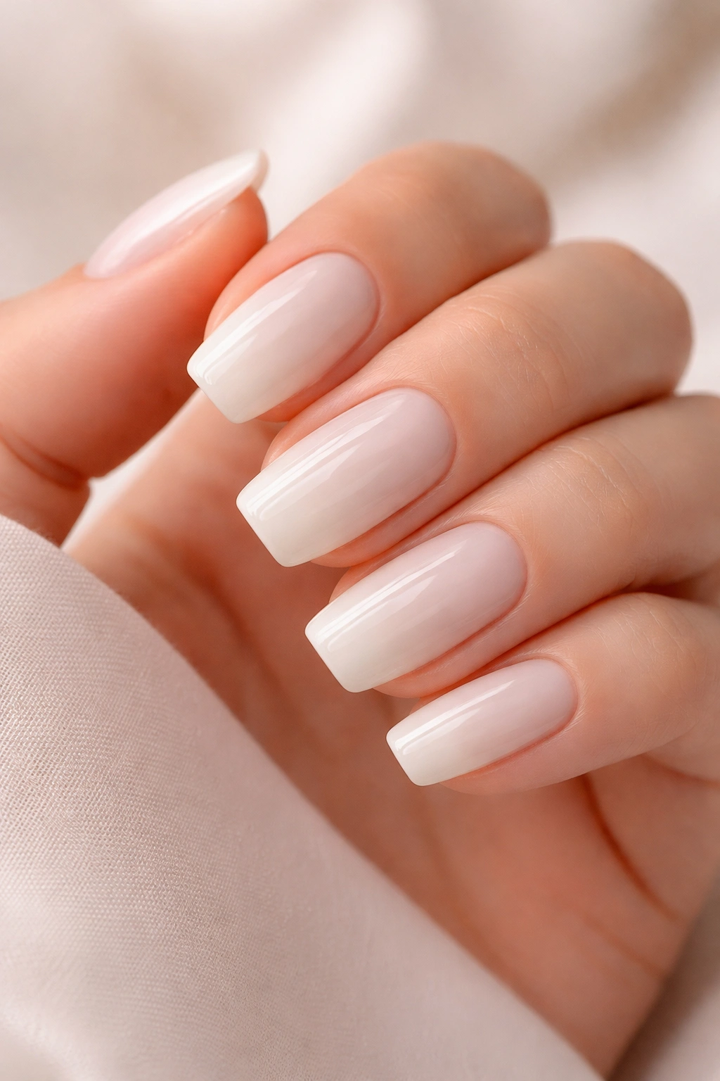 Milky white nails close-up on hand with soft background