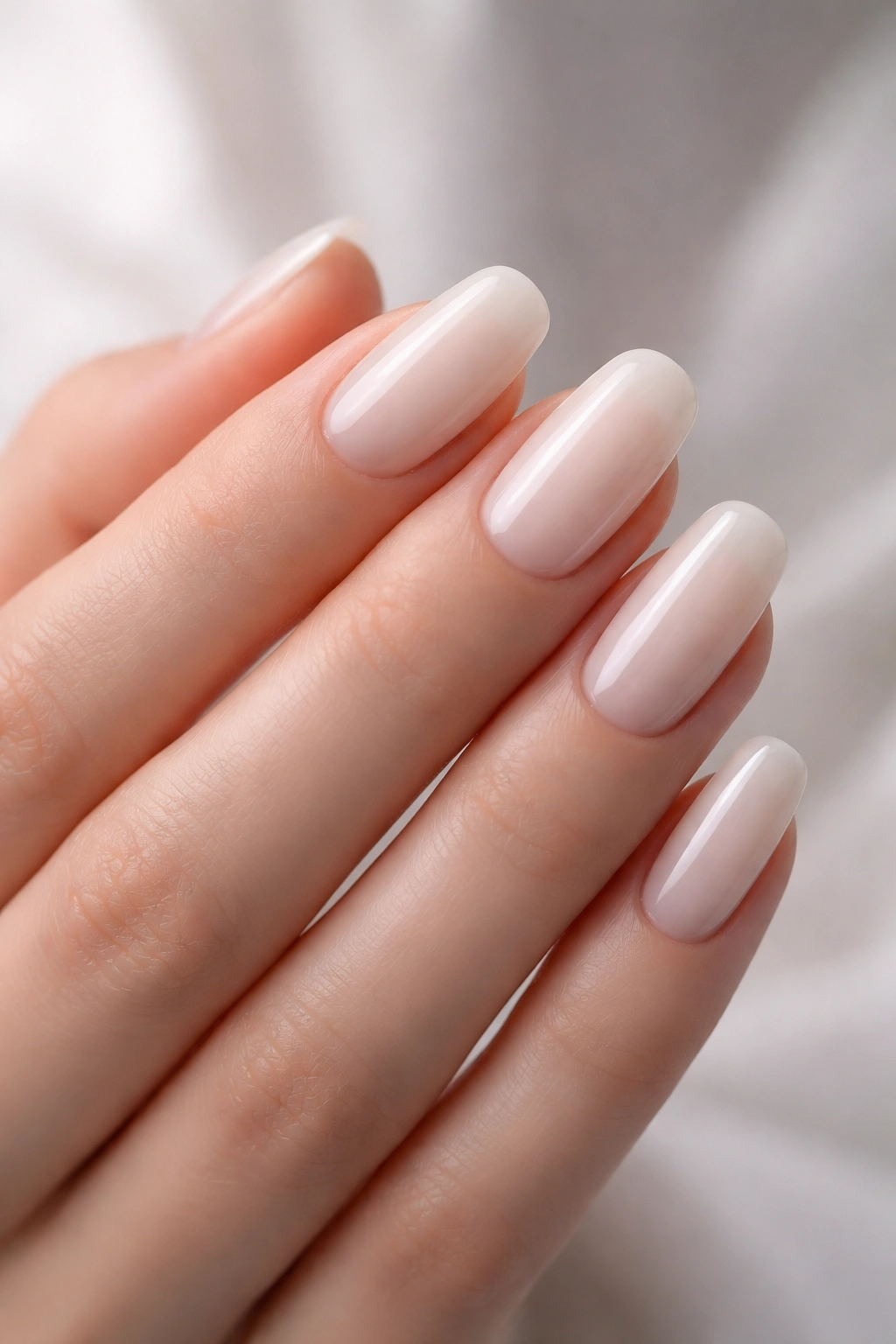 Close-up of hand nails painted in milky white sheer manicure