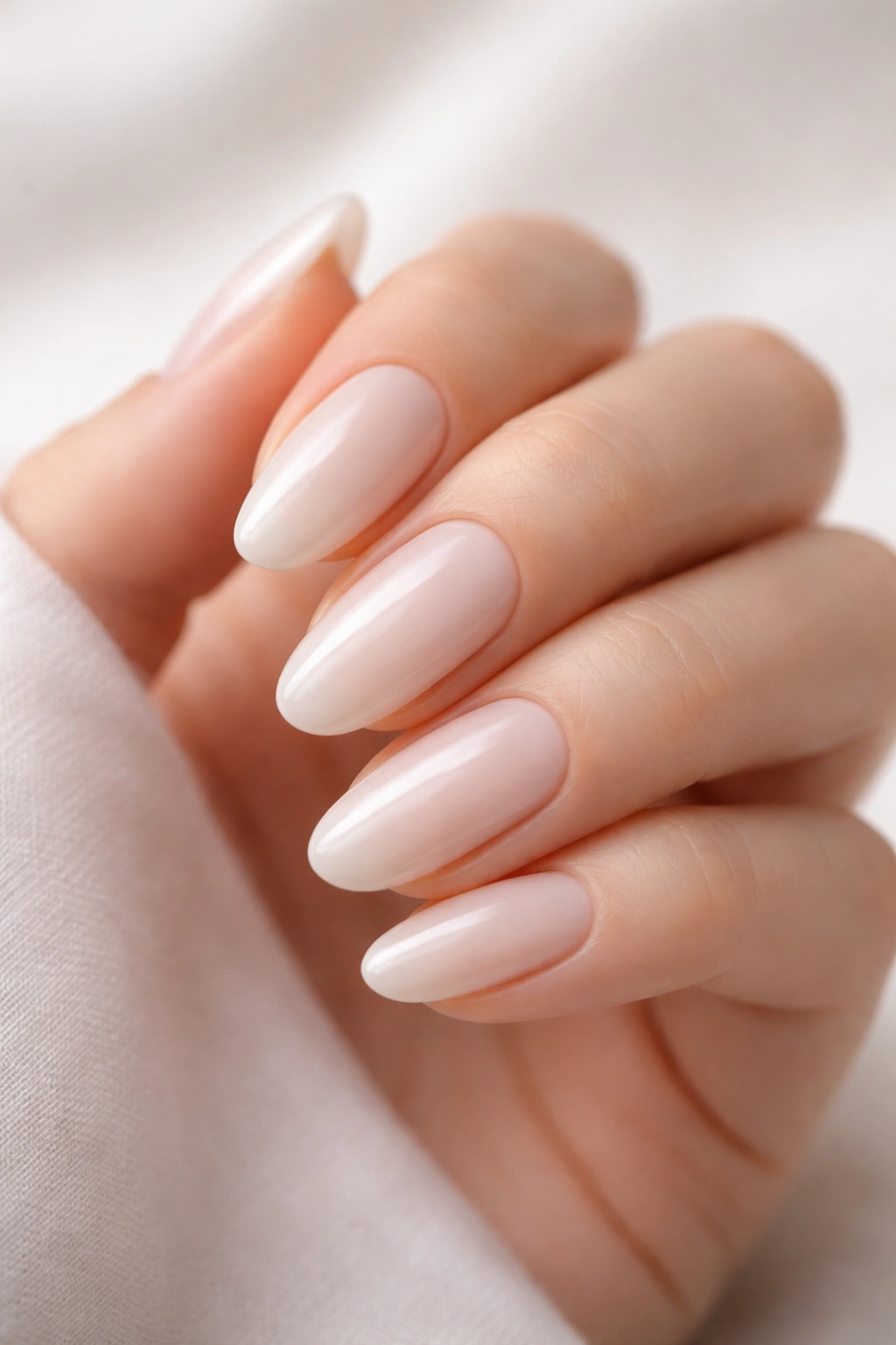 Close-up of hand with milky white translucent nails