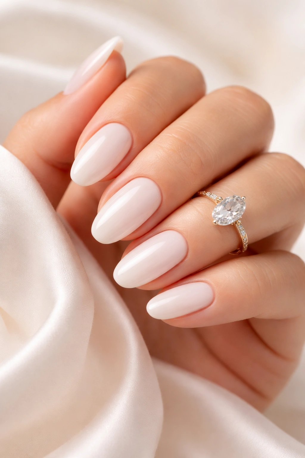 Hand with milky white nails against soft background