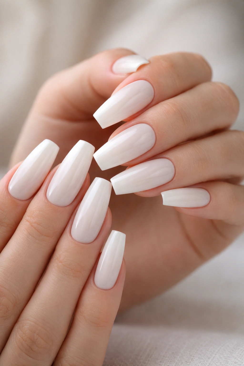 Close-up of hands with flawless milky white coffin nails showing semi-opaque finish