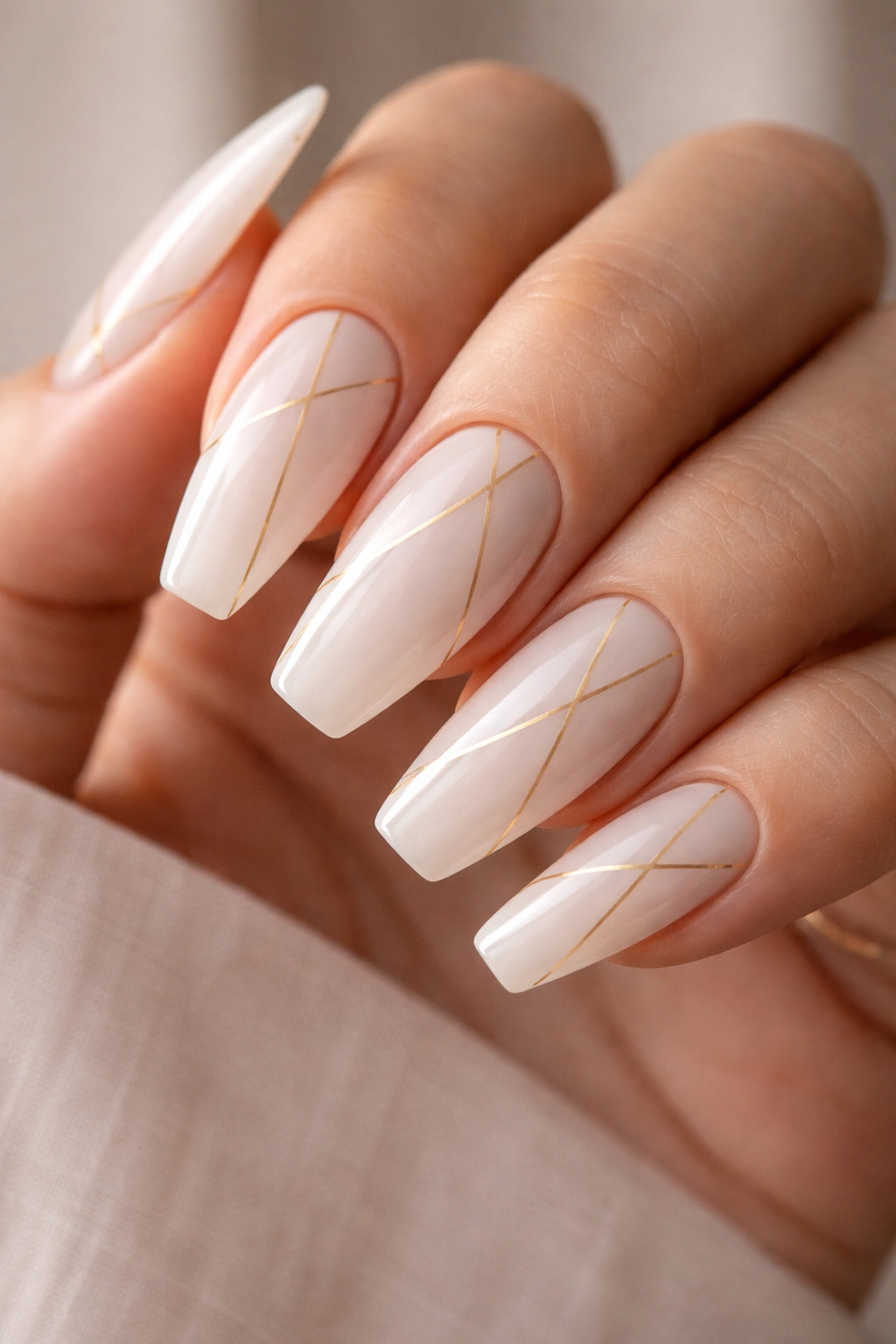 Nails with milky white base and delicate gold geometric lines