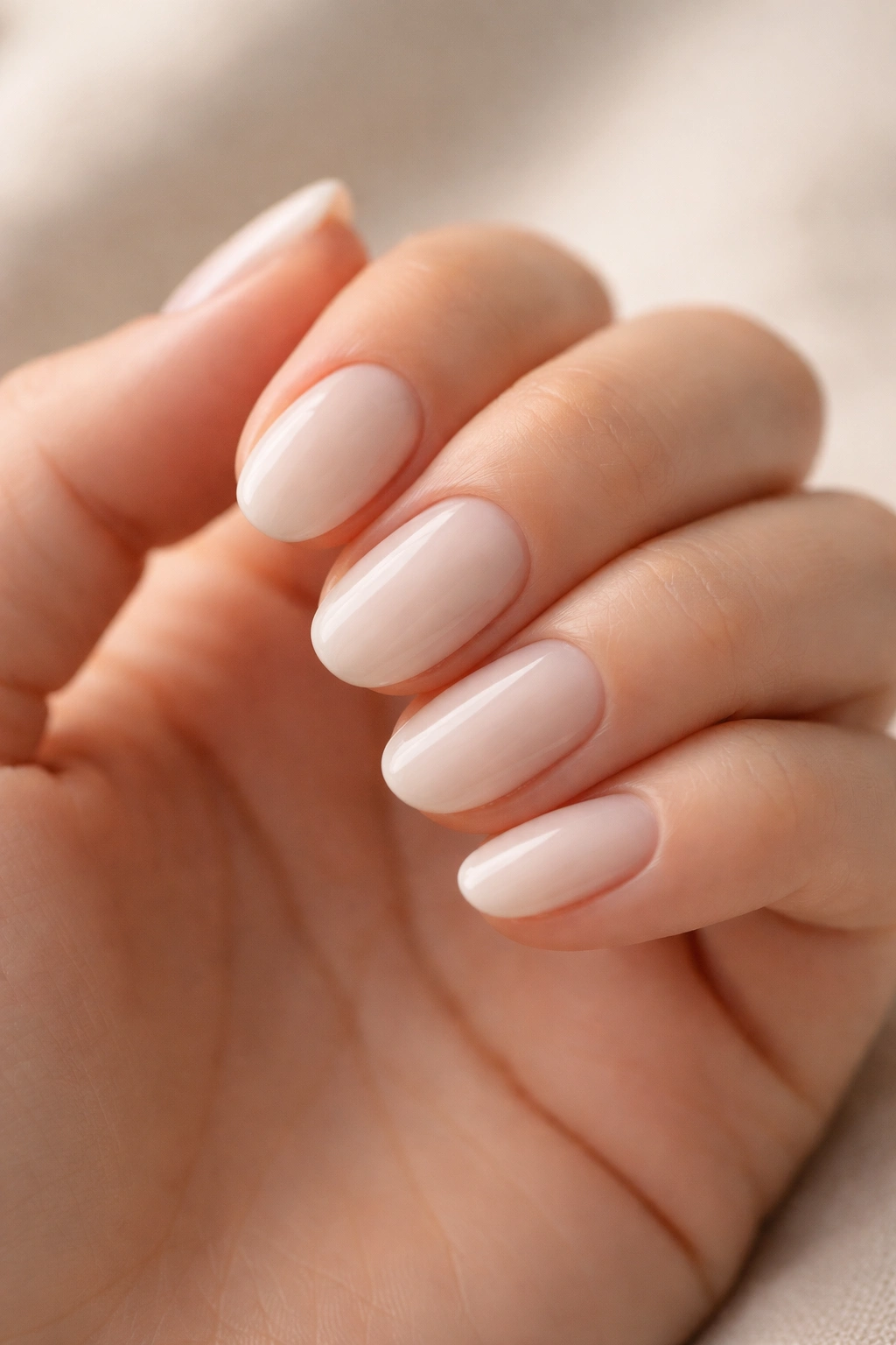 Close-up of milky white oval nails on short length
