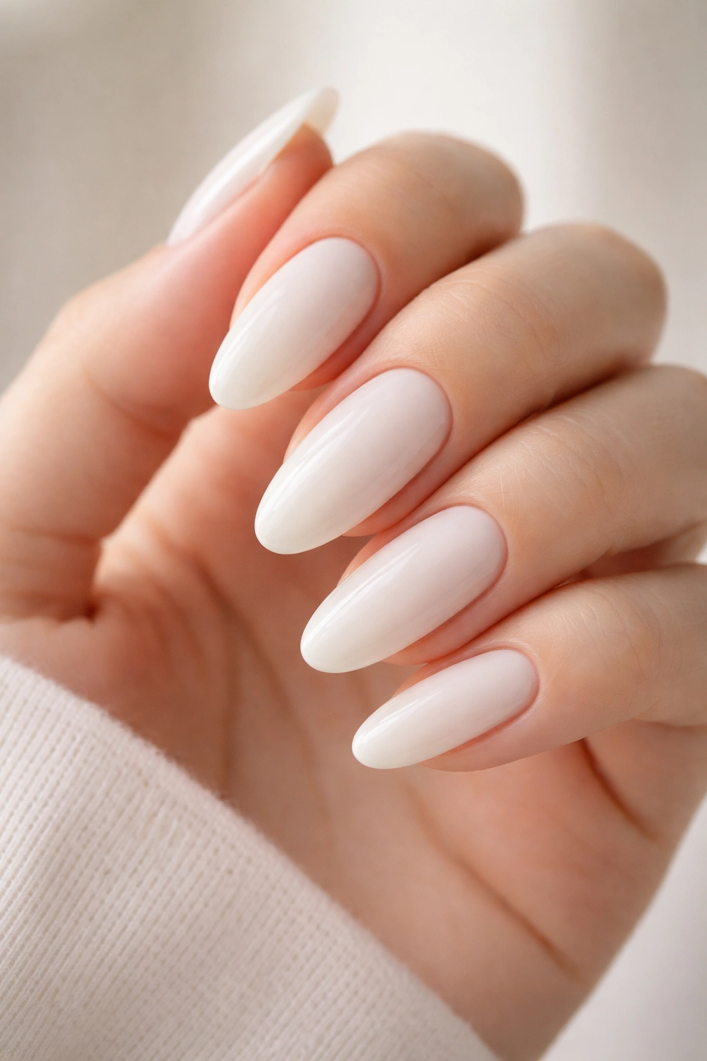 Long oval nails in milky white with porcelain-like finish.