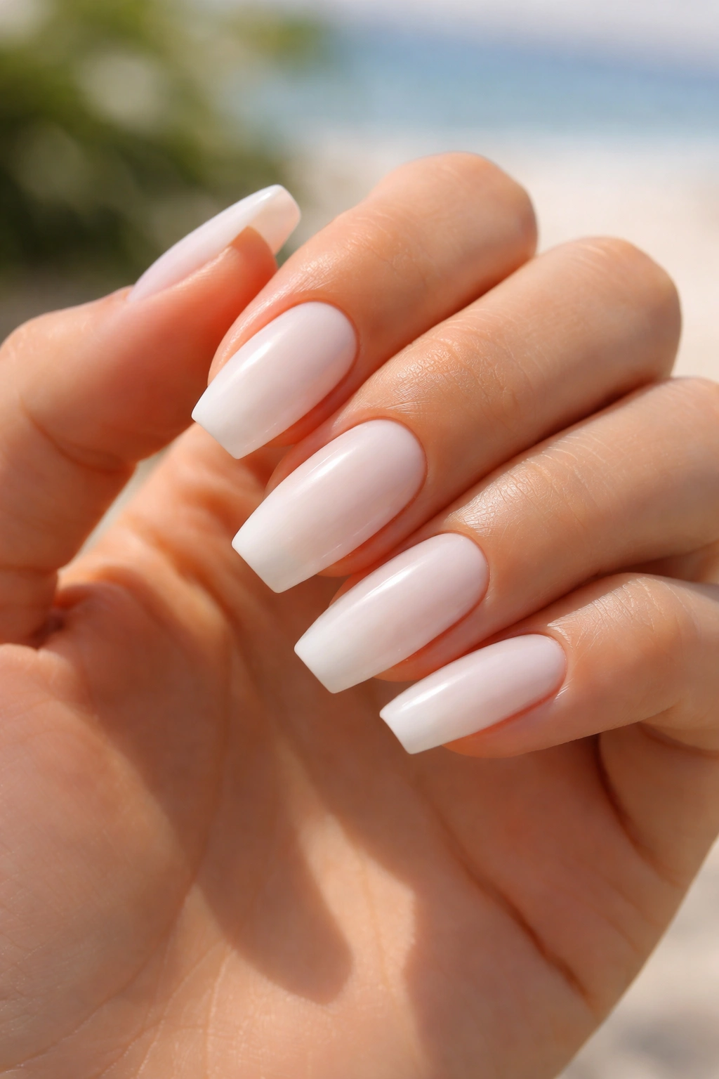 Close-up of milky white ballerina nails in bright daylight