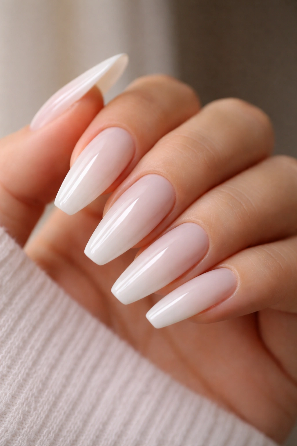 Close-up of glossy milky-white ballerina nails with long tapered tips on a hand