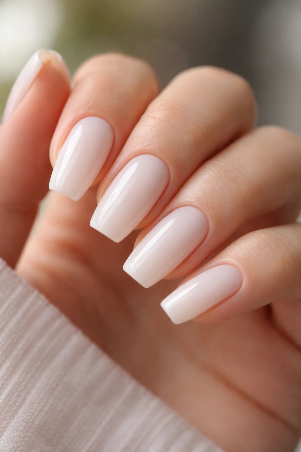 Close-up of milky soap-white ballerina nails with translucent finish