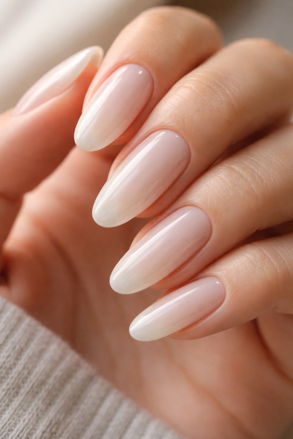 Close-up of long oval nails with milky white translucent polish