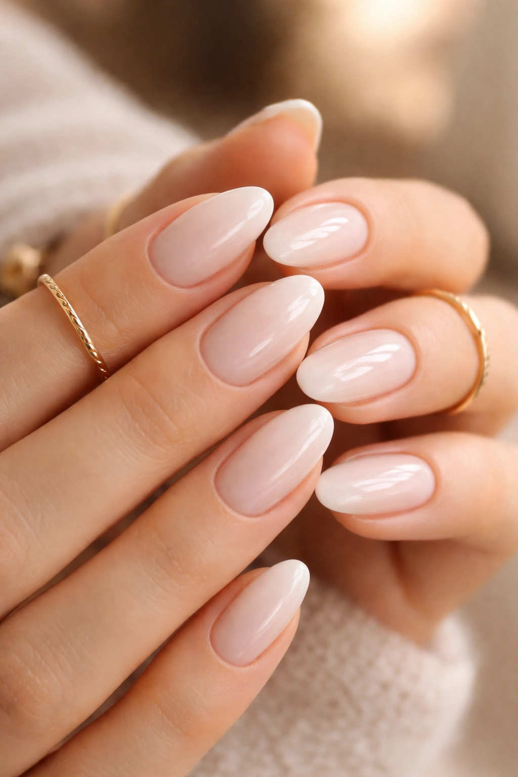 Milky white short almond nails with creamy opacity and rounded tips