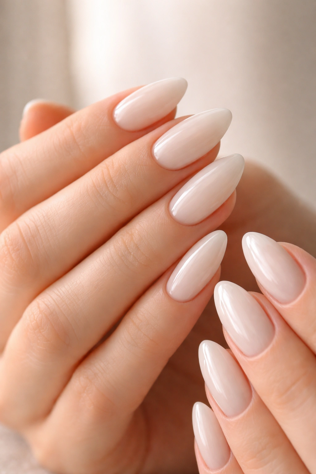 Close-up of glossy milky white almond nails with even lengths