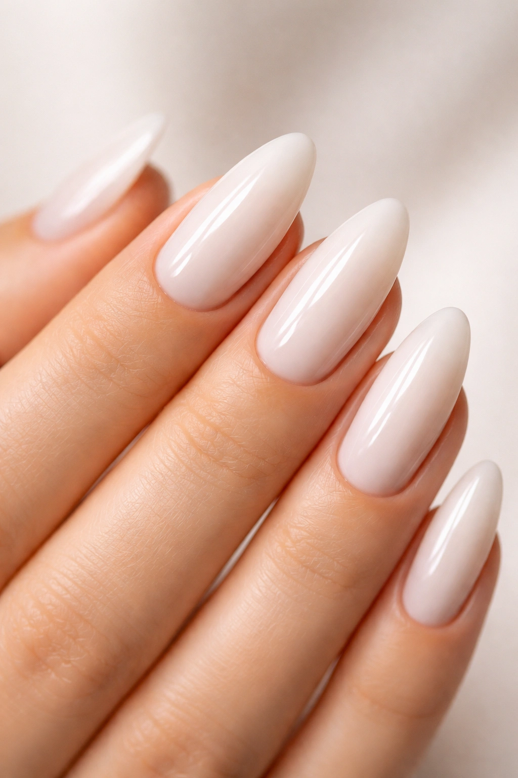 Close-up of classic milky white almond nails with glossy translucent finish