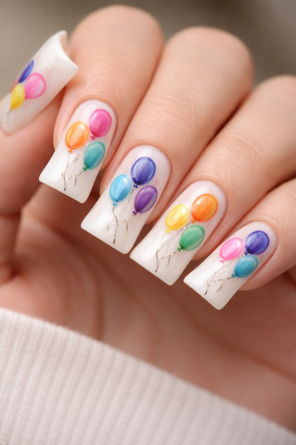 Milky white nails with hand-painted colorful birthday balloons