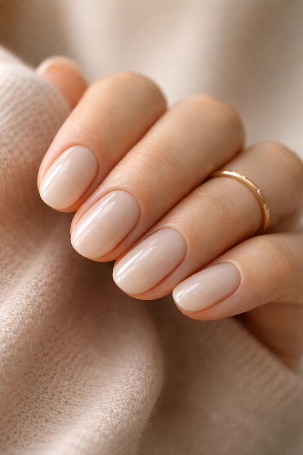 Close-up of beige-undertone milky white short oval nails on a hand