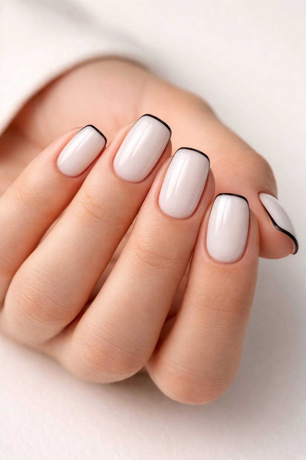 Close-up of short squoval nails with milky white polish and a thin black edge outline.