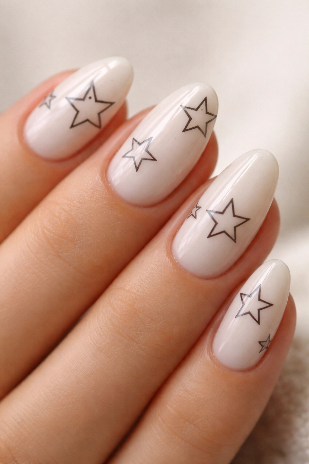 Milky white almond nails with black outlined stars on neutral background