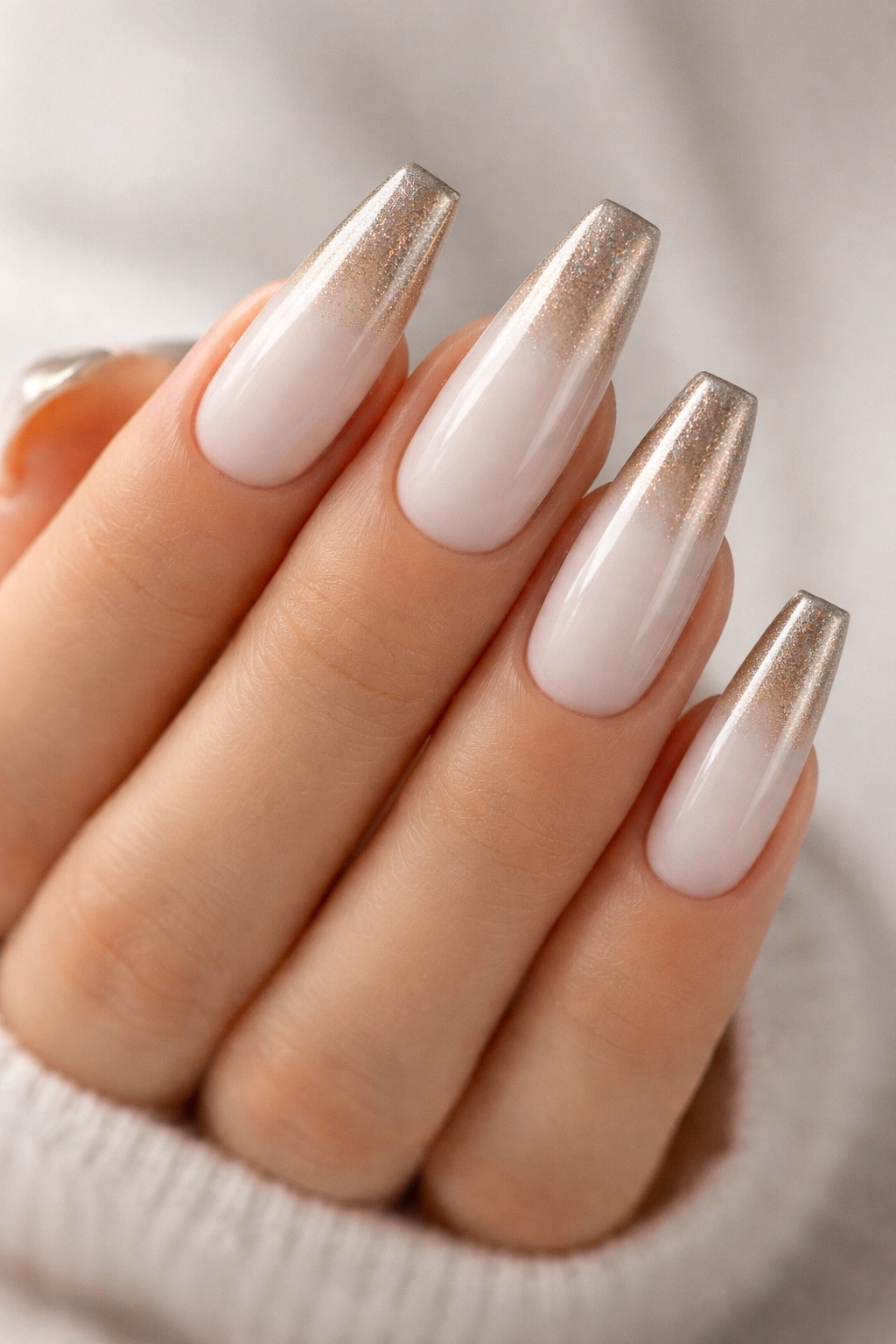 Close-up of milky white nails with champagne gradient tips