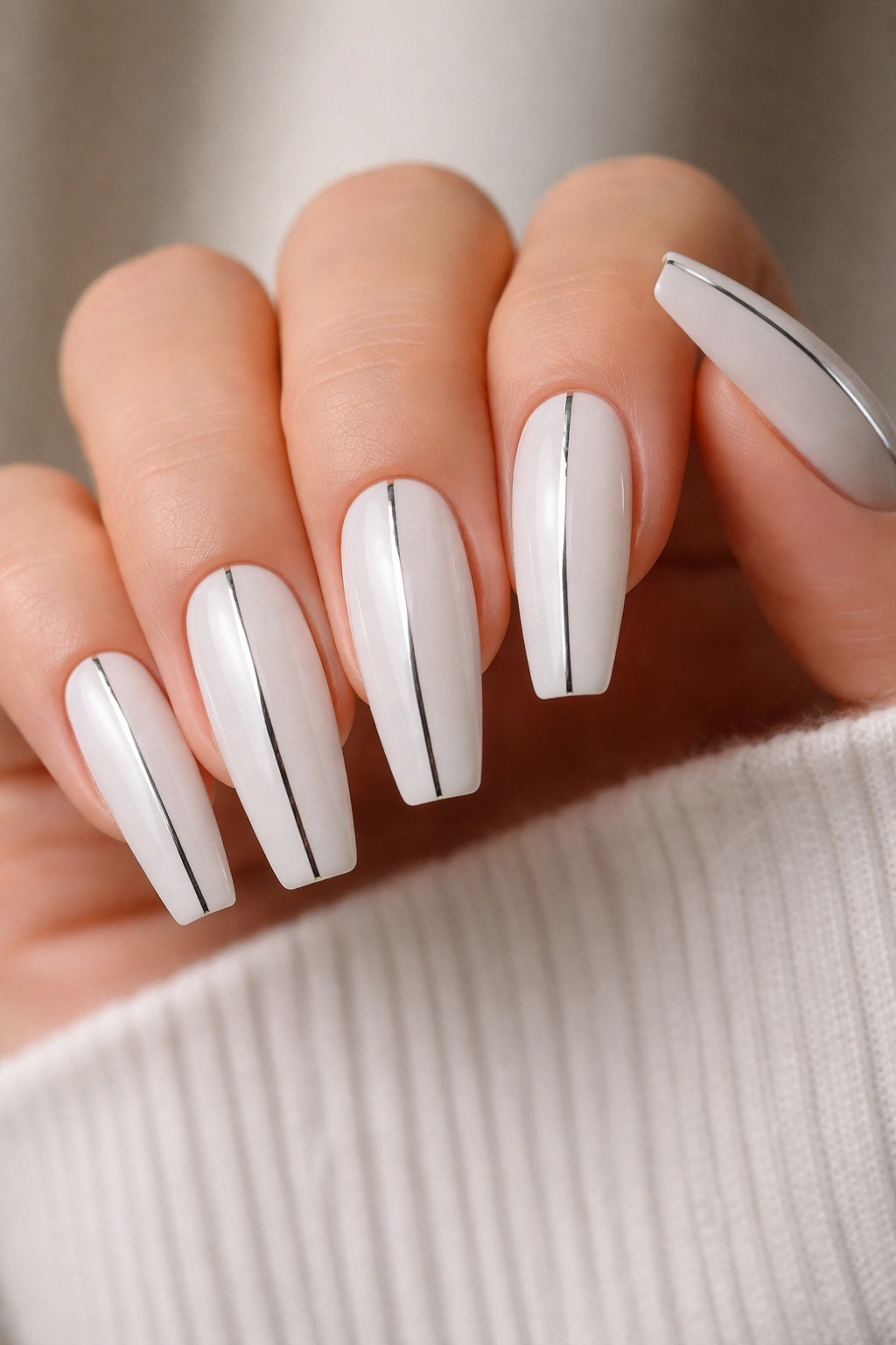 Milky white coffin nails with ultra-thin chrome stripes on a hand