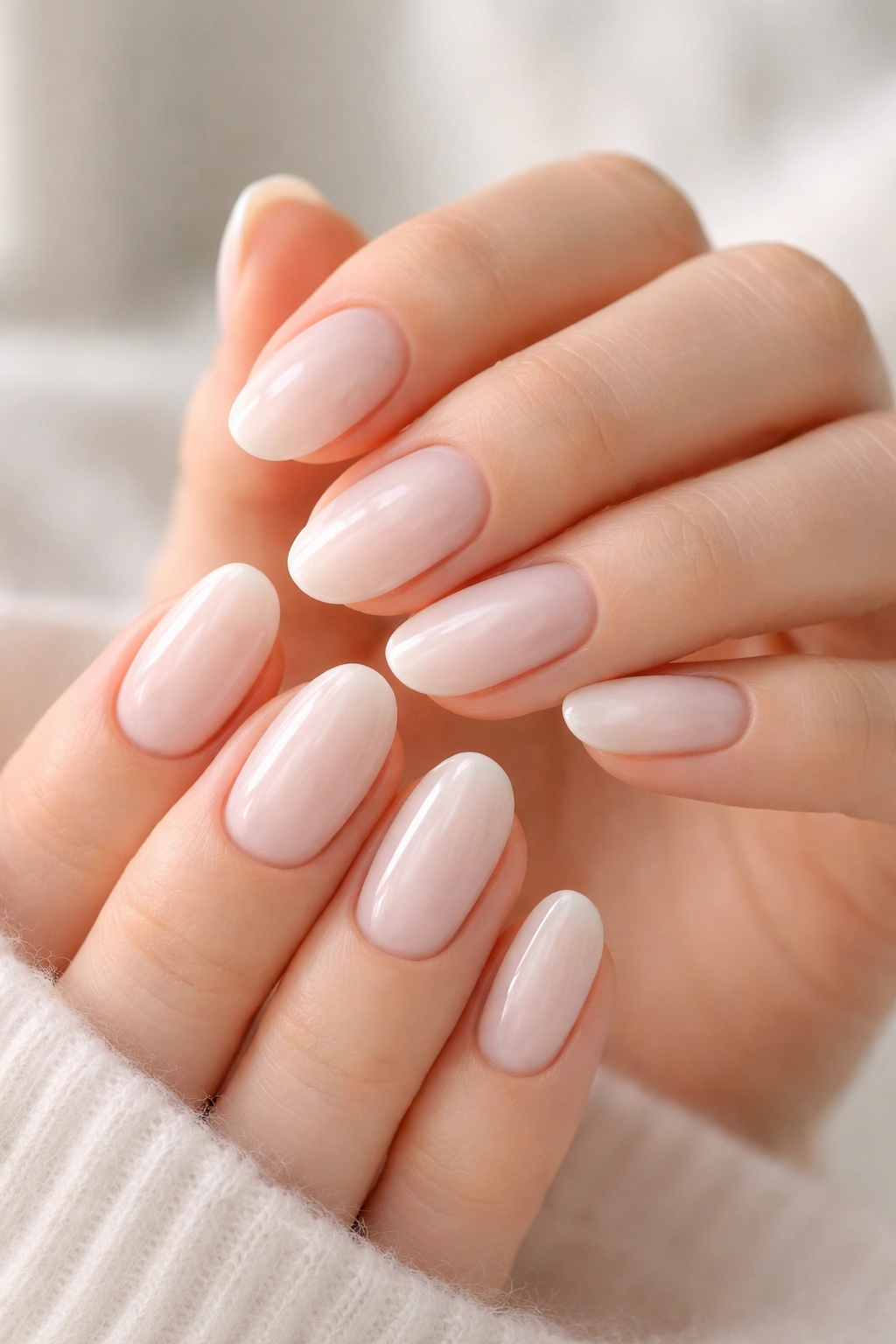 Close-up of milky white semi-sheer manicure on neatly groomed nails
