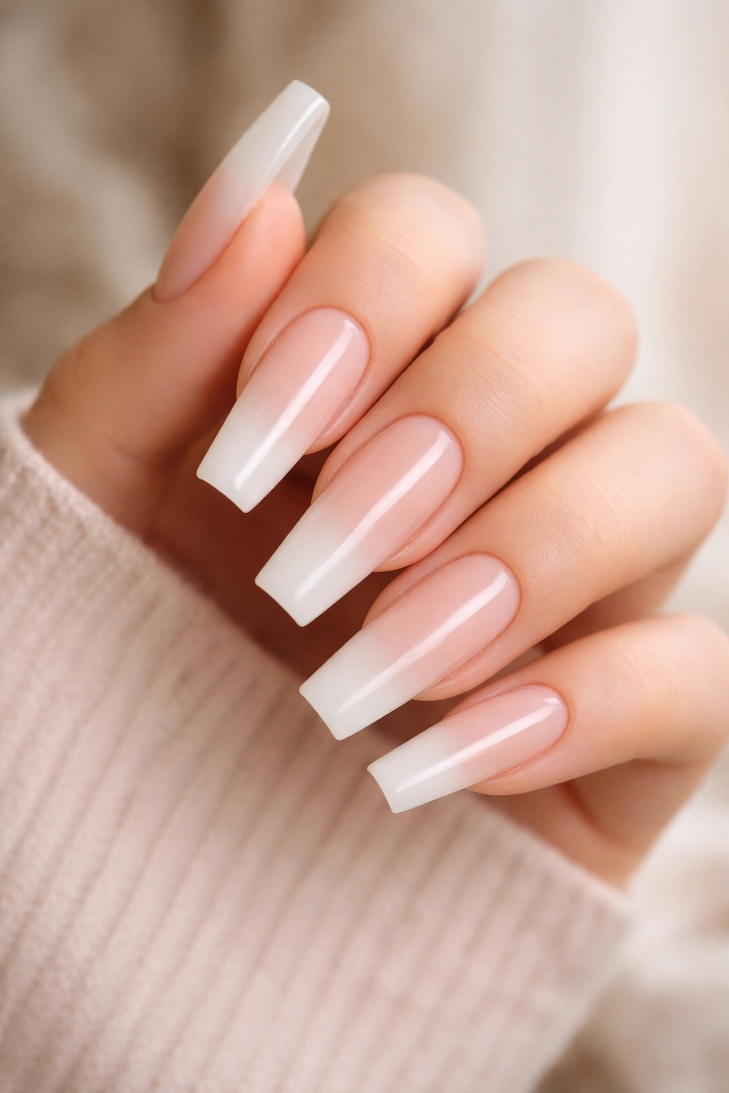 Close-up of long coffin nails with milky white translucent tips