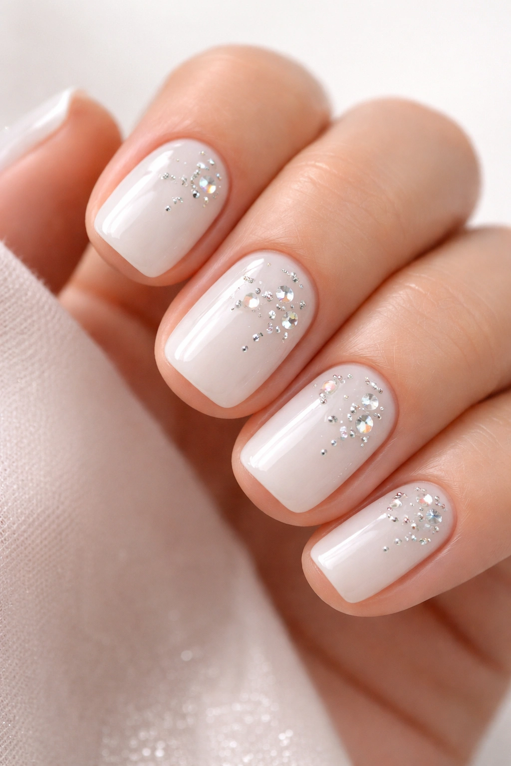 Close-up of milky white nails with scattered diamonds on short squoval nails