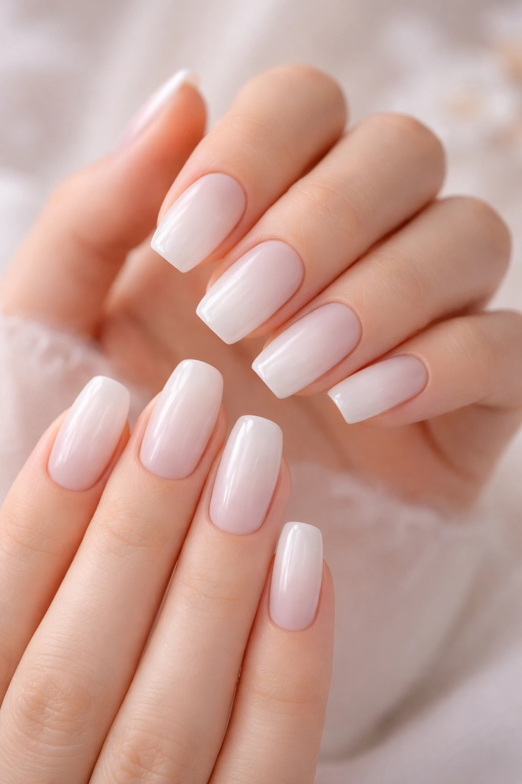 Close-up of milky white dip powder nails with translucent finish