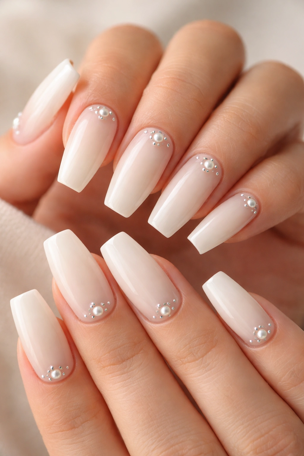 Milky white nails with embedded pearls or crystals on select nails