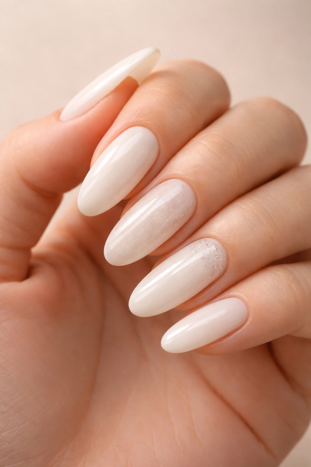 Close-up of milky white long oval nails showing refined finishes