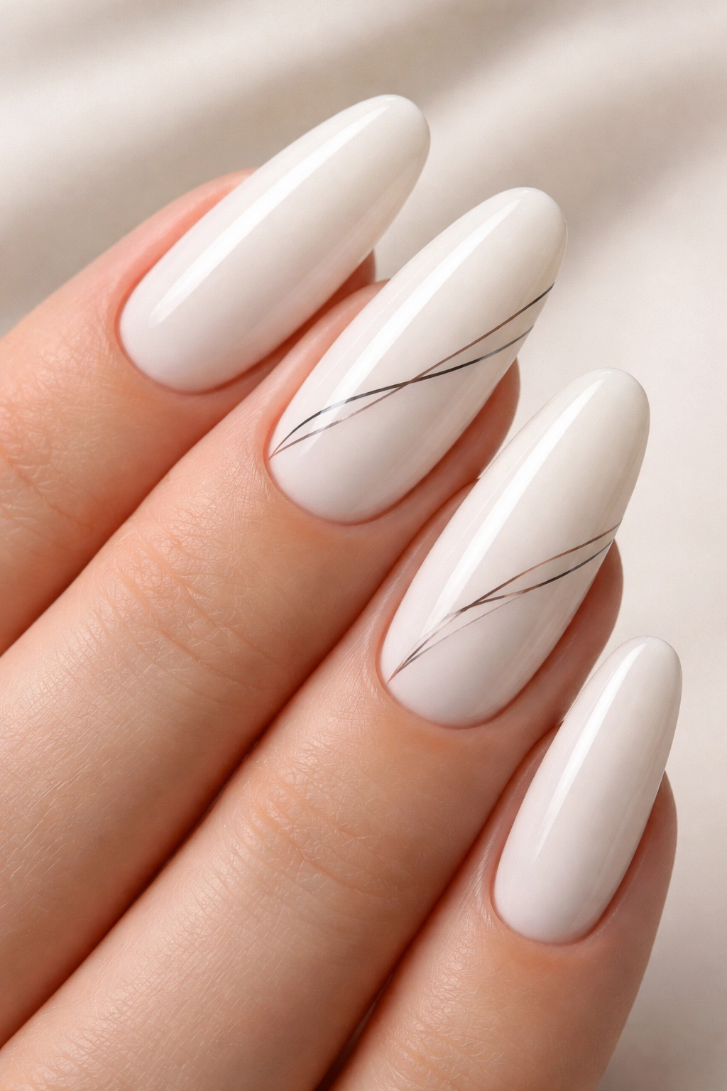 Milky white nail with fine minimalist line details