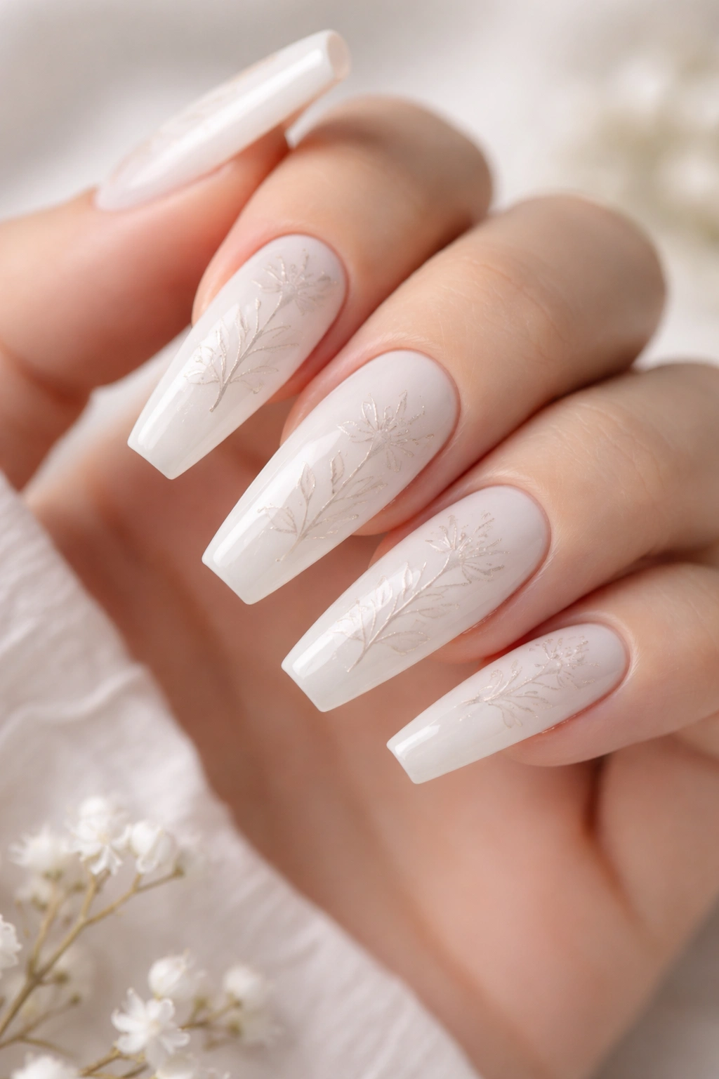 Milky white nails with delicate floral line art