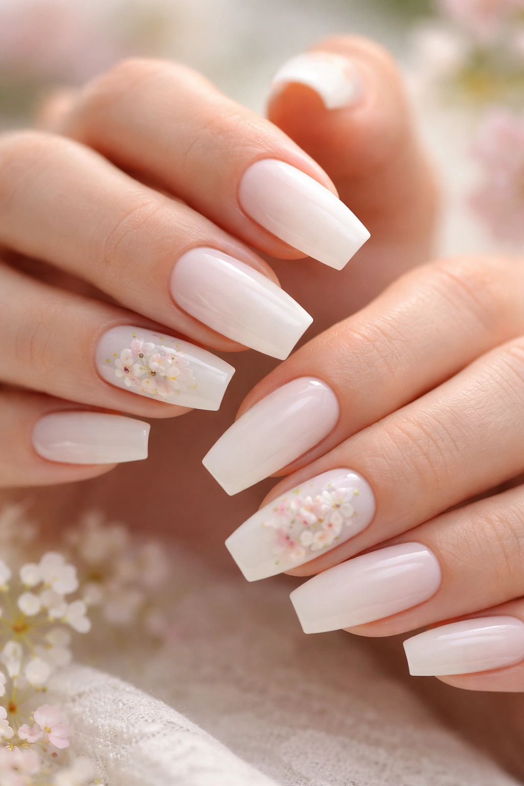 Milky white coffin nails with delicate hand-painted florals on accent nails