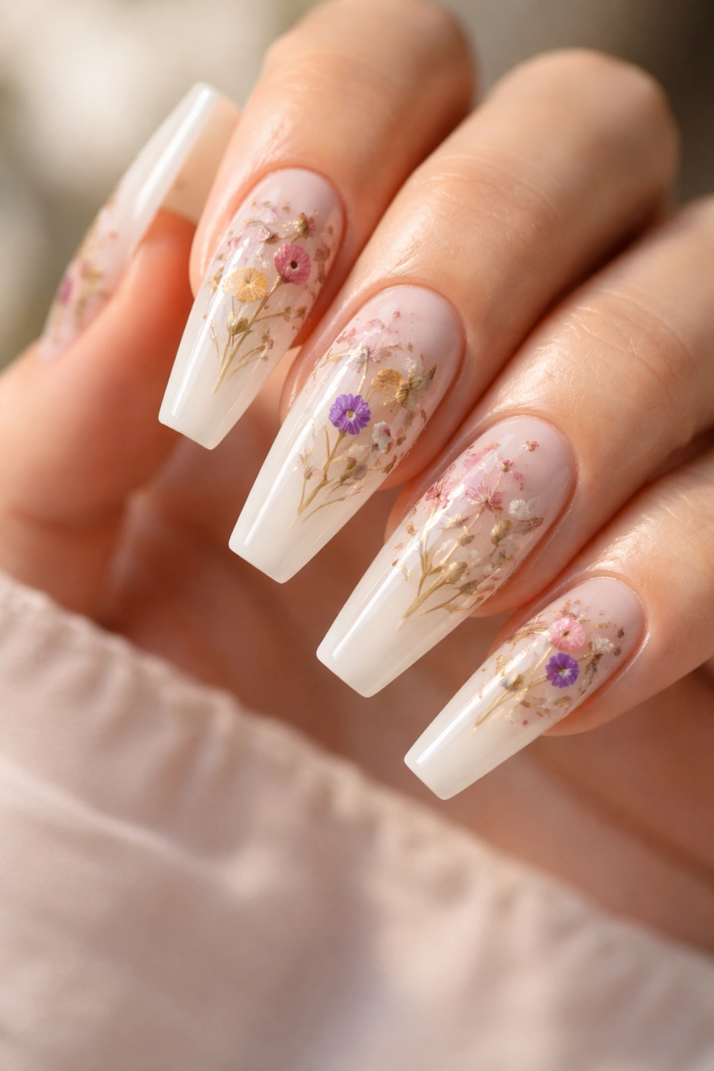 Milky white nails with pressed flowers under clear layer