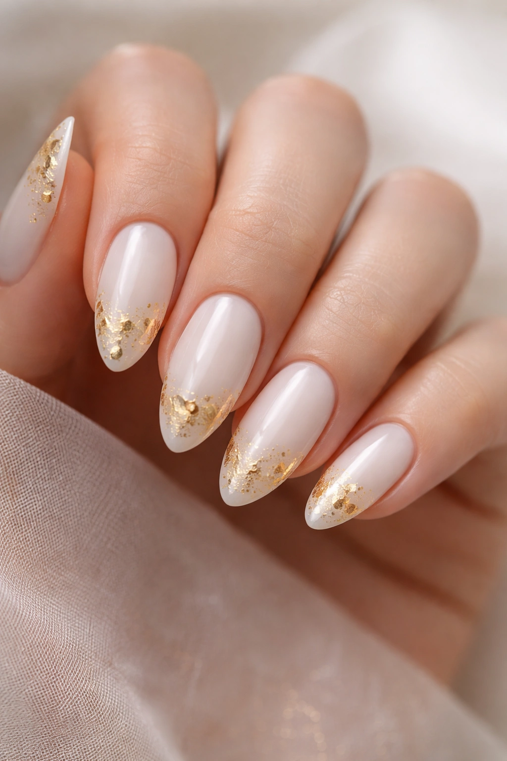 Milky white almond nails with gold foil flecks