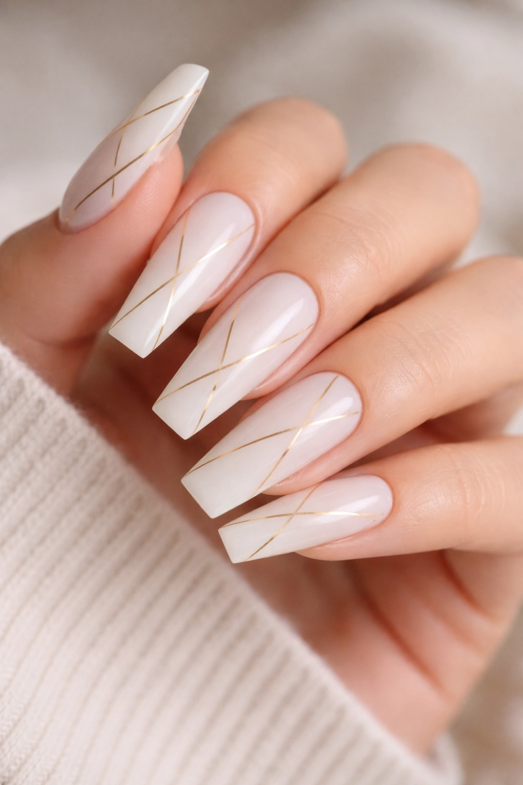 Close-up of milky white nails with thin gold geometric outlines