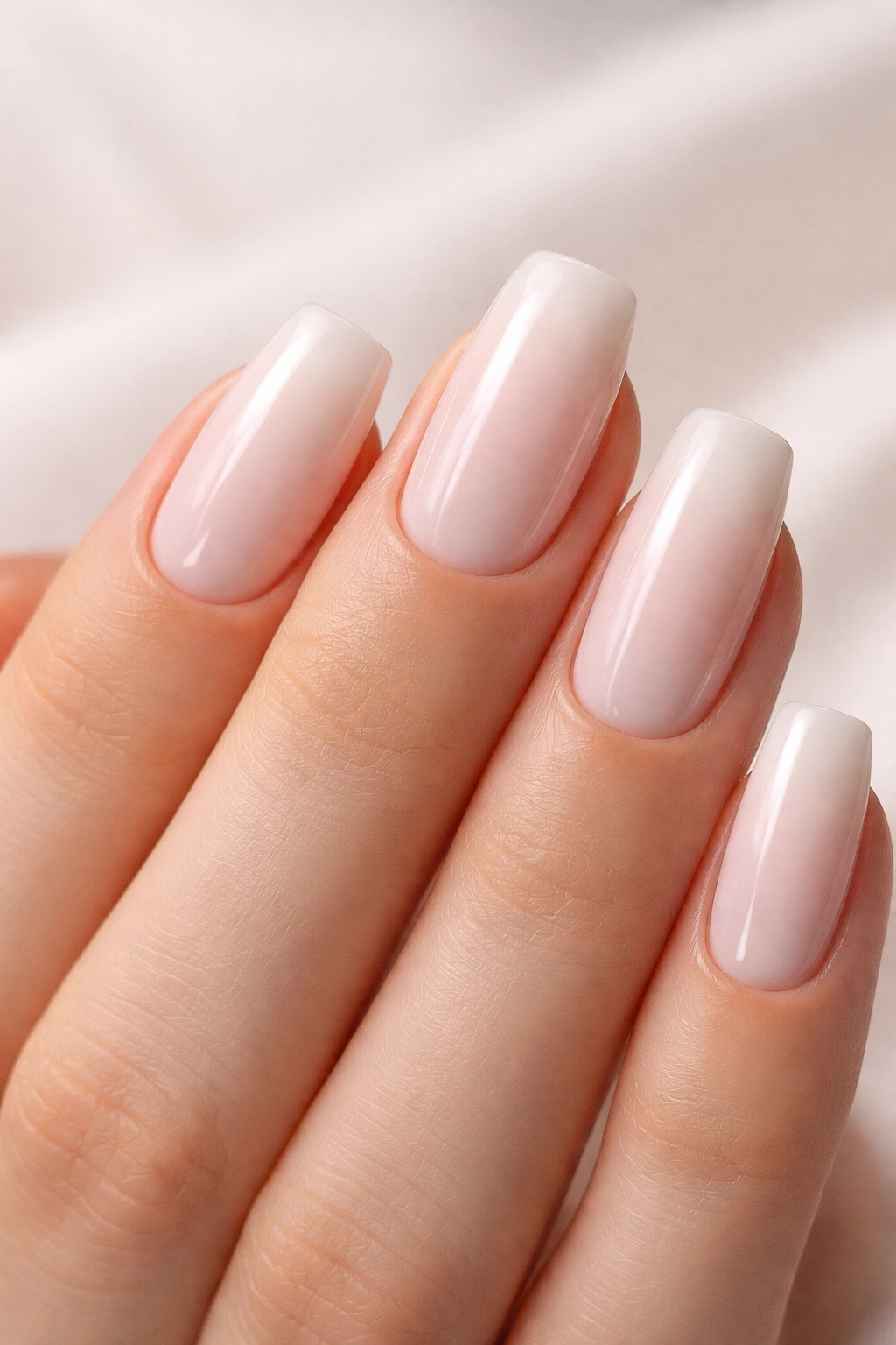 Close-up of milky white soft square nails with gloss finish