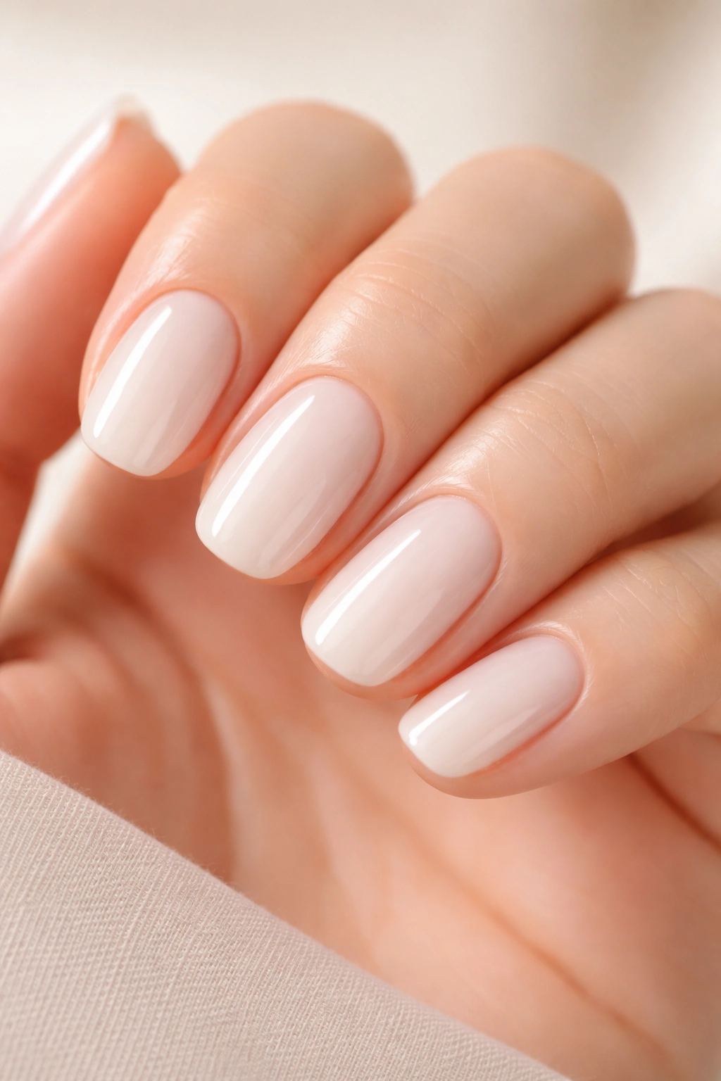 Close-up of glossy milky white nails with a high-gloss finish