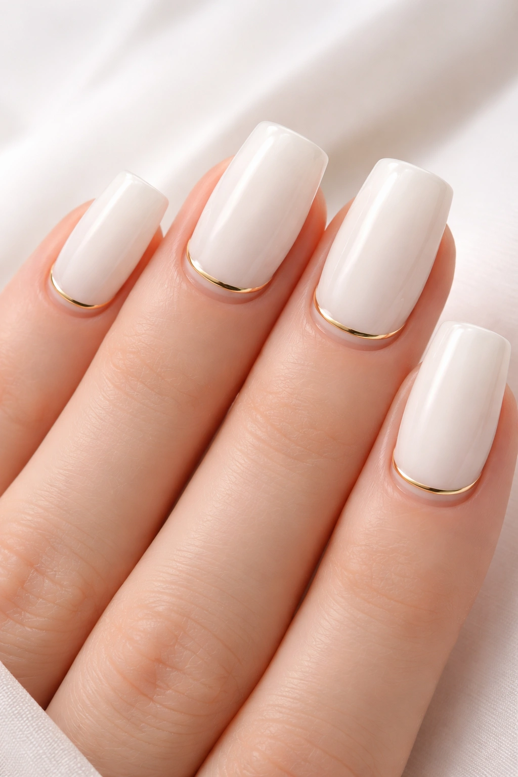 Milky white nails with a thin gold band at the cuticle on soft square nails