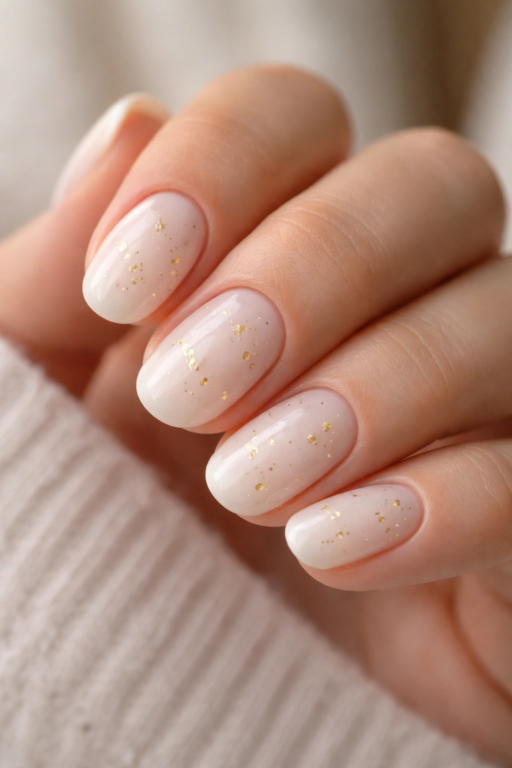 Close-up of short oval nails with milky white base and gold flecks