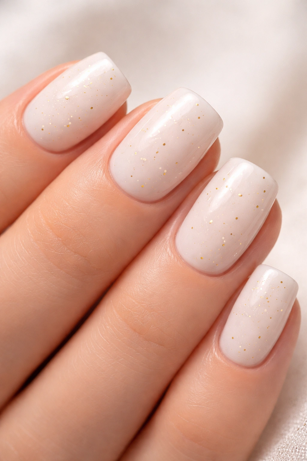 Close-up of milky white squoval nails with tiny gold flecks