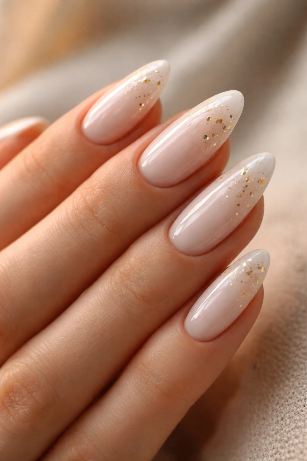 Almond nails milky white with tiny gold foil flecks on tips